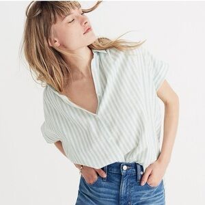 Madewell Central Cotton Shirt in Mint Green Stripe Size Small